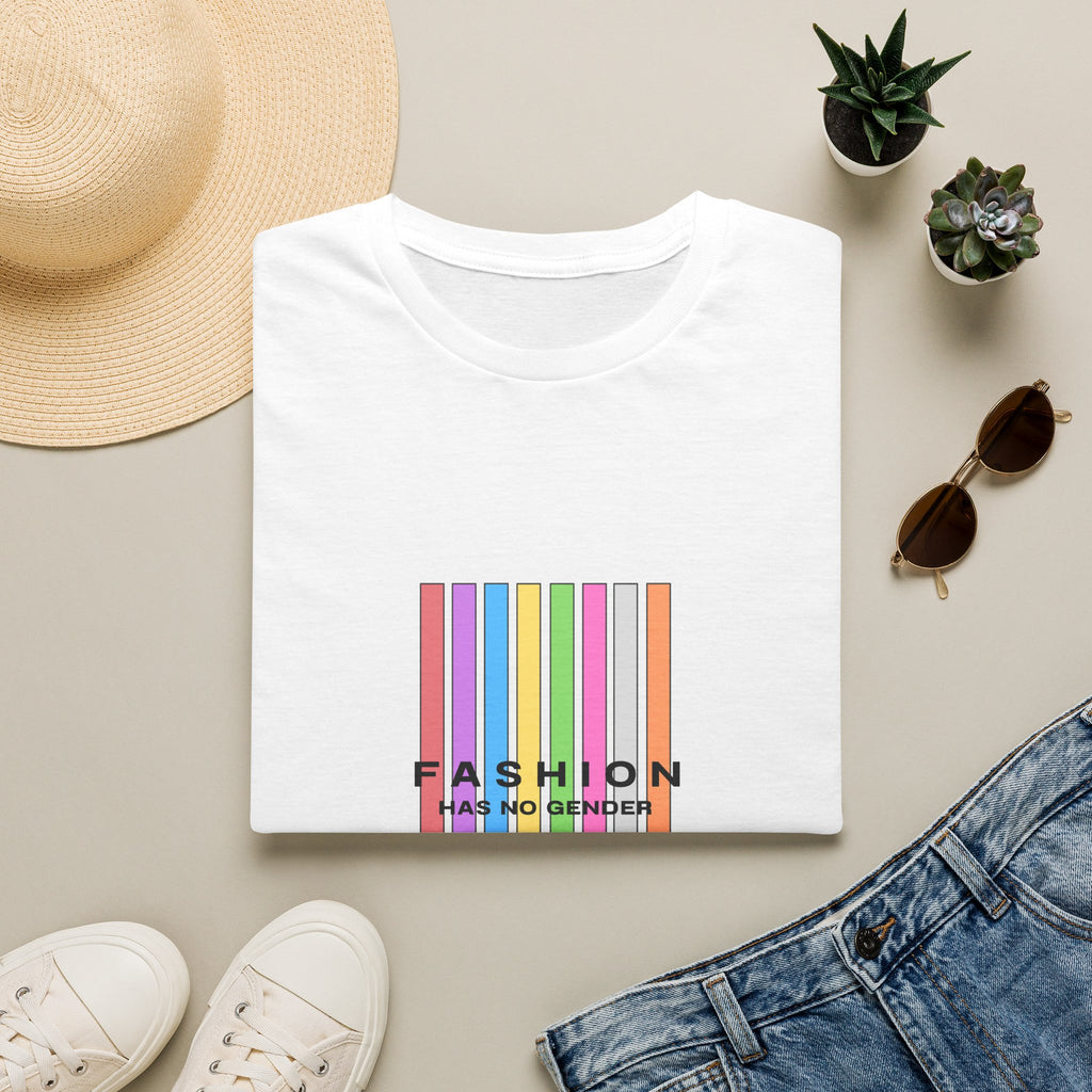 T-Shirt — 'Fashion Has No Gender' Rainbow Stripes Pride Tee