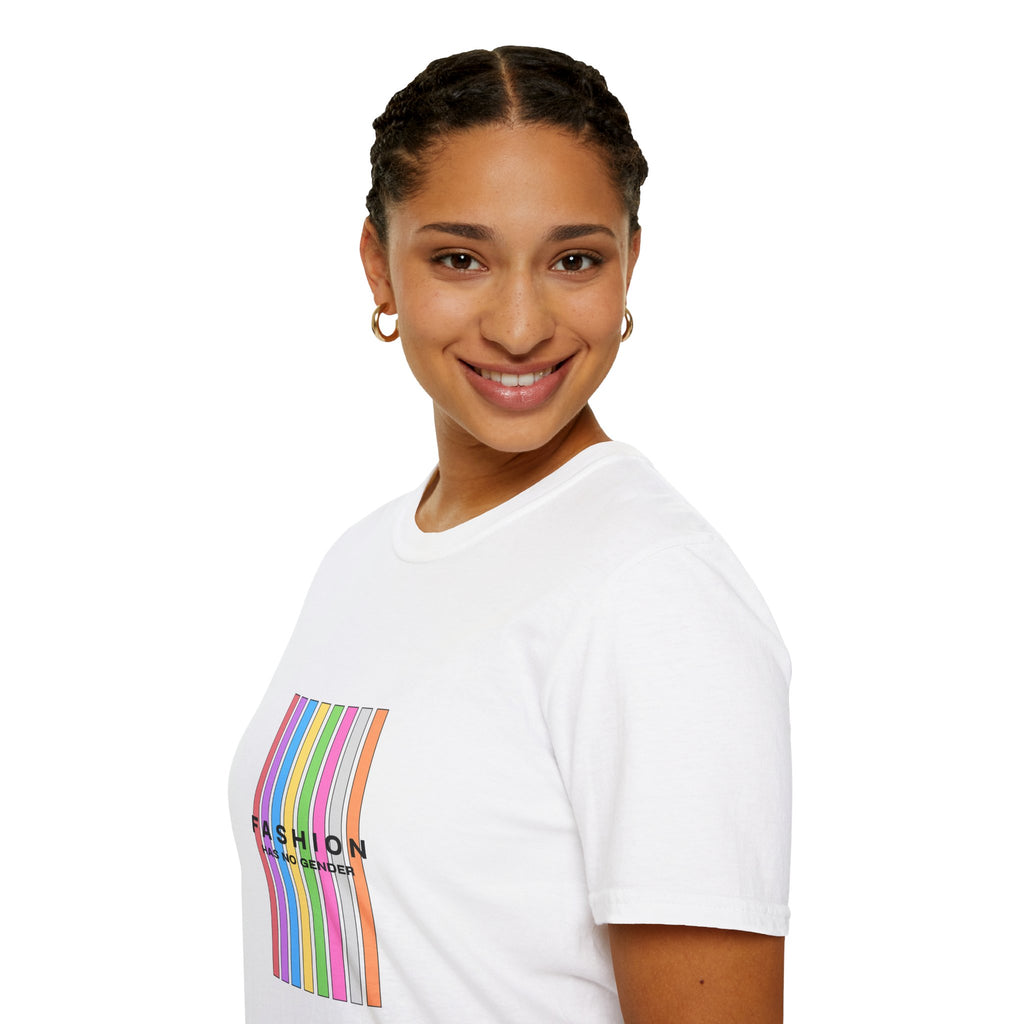 T-Shirt — 'Fashion Has No Gender' Rainbow Stripes Pride Tee