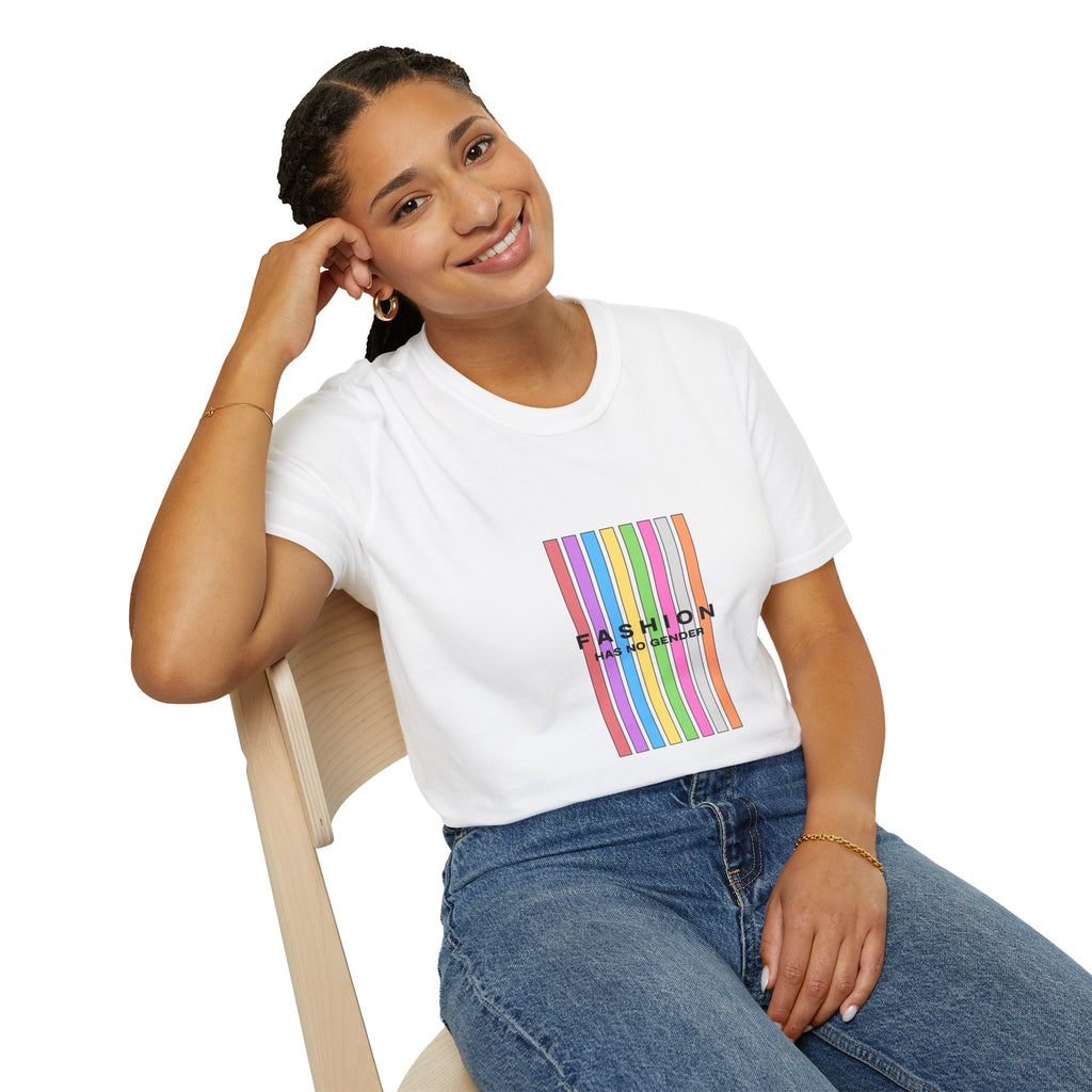 T-Shirt — 'Fashion Has No Gender' Rainbow Stripes Pride Tee