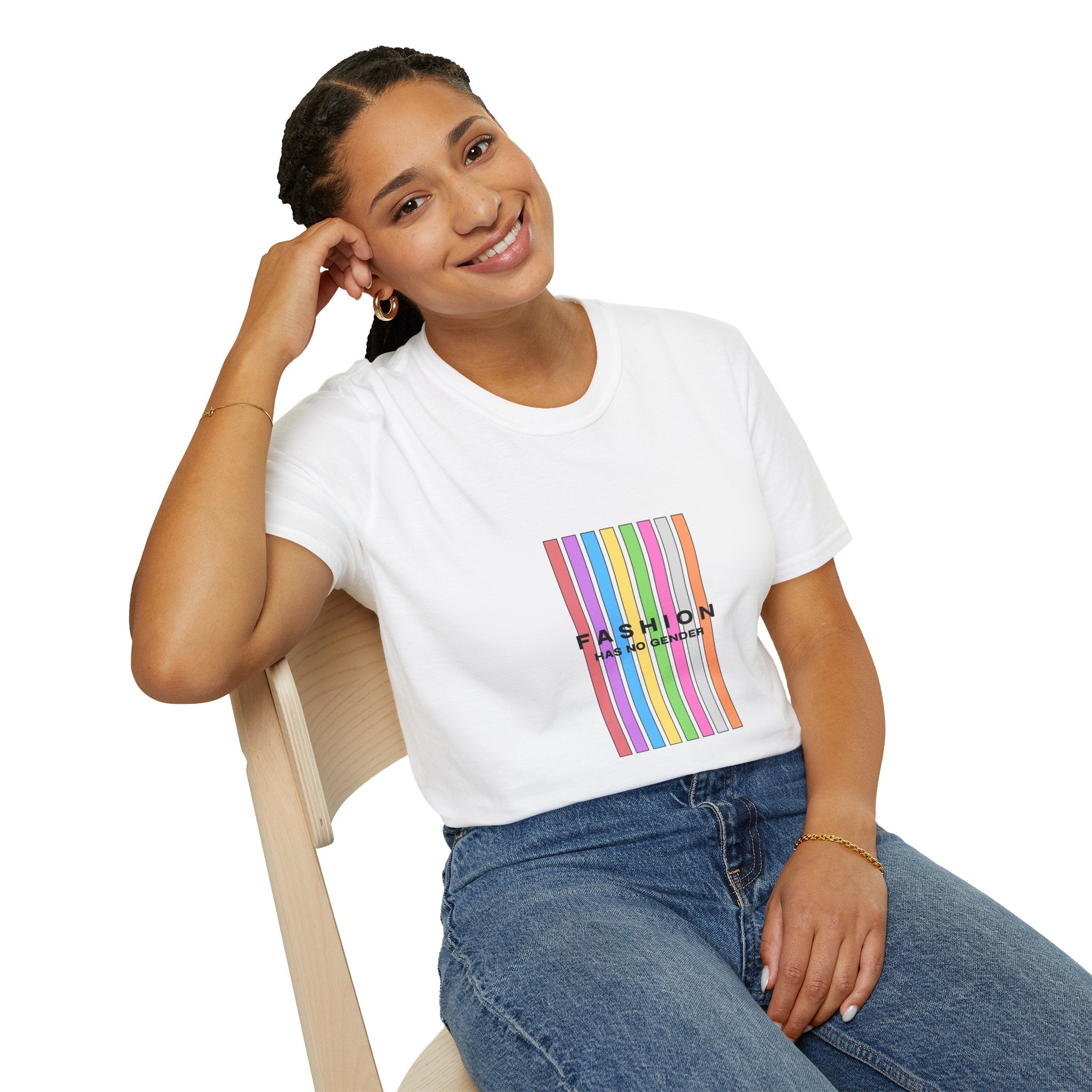 T-Shirt — 'Fashion Has No Gender' Rainbow Stripes Pride Tee