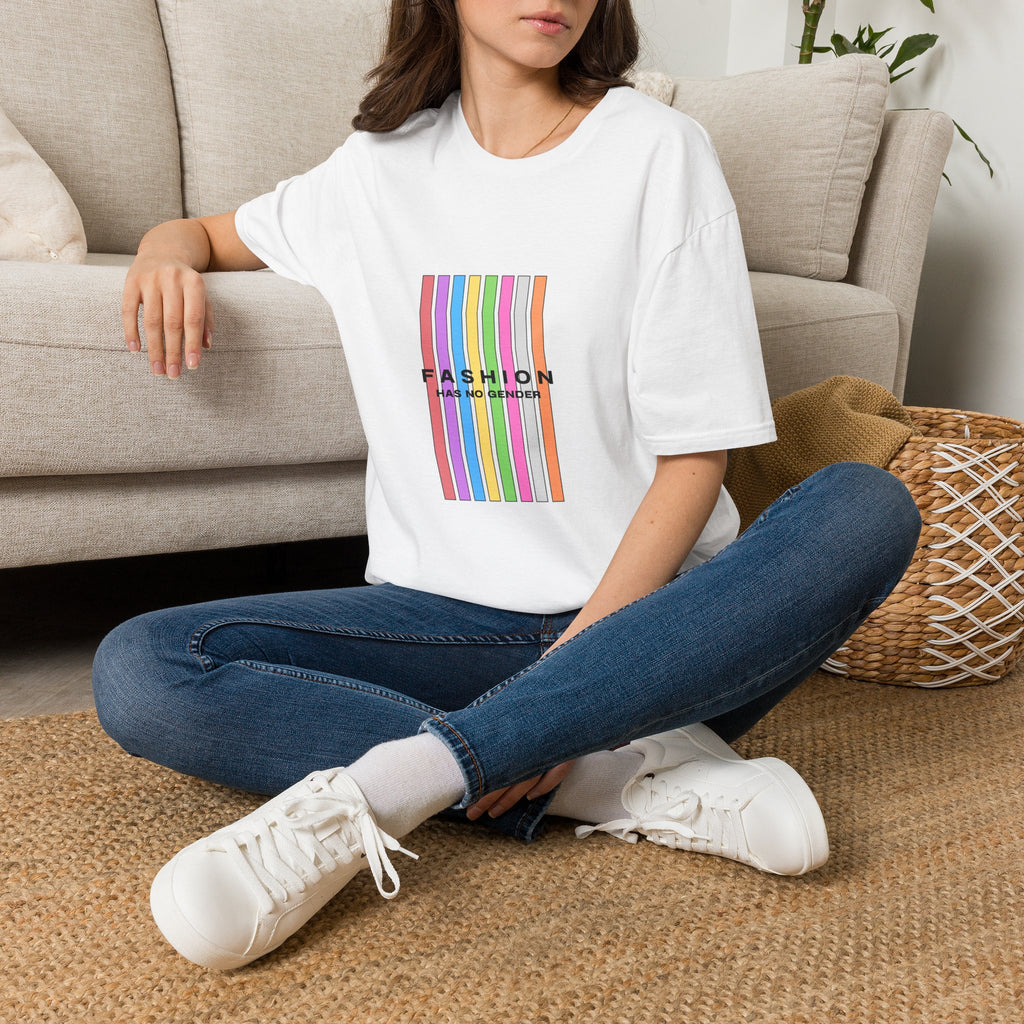 T-Shirt — 'Fashion Has No Gender' Rainbow Stripes Pride Tee