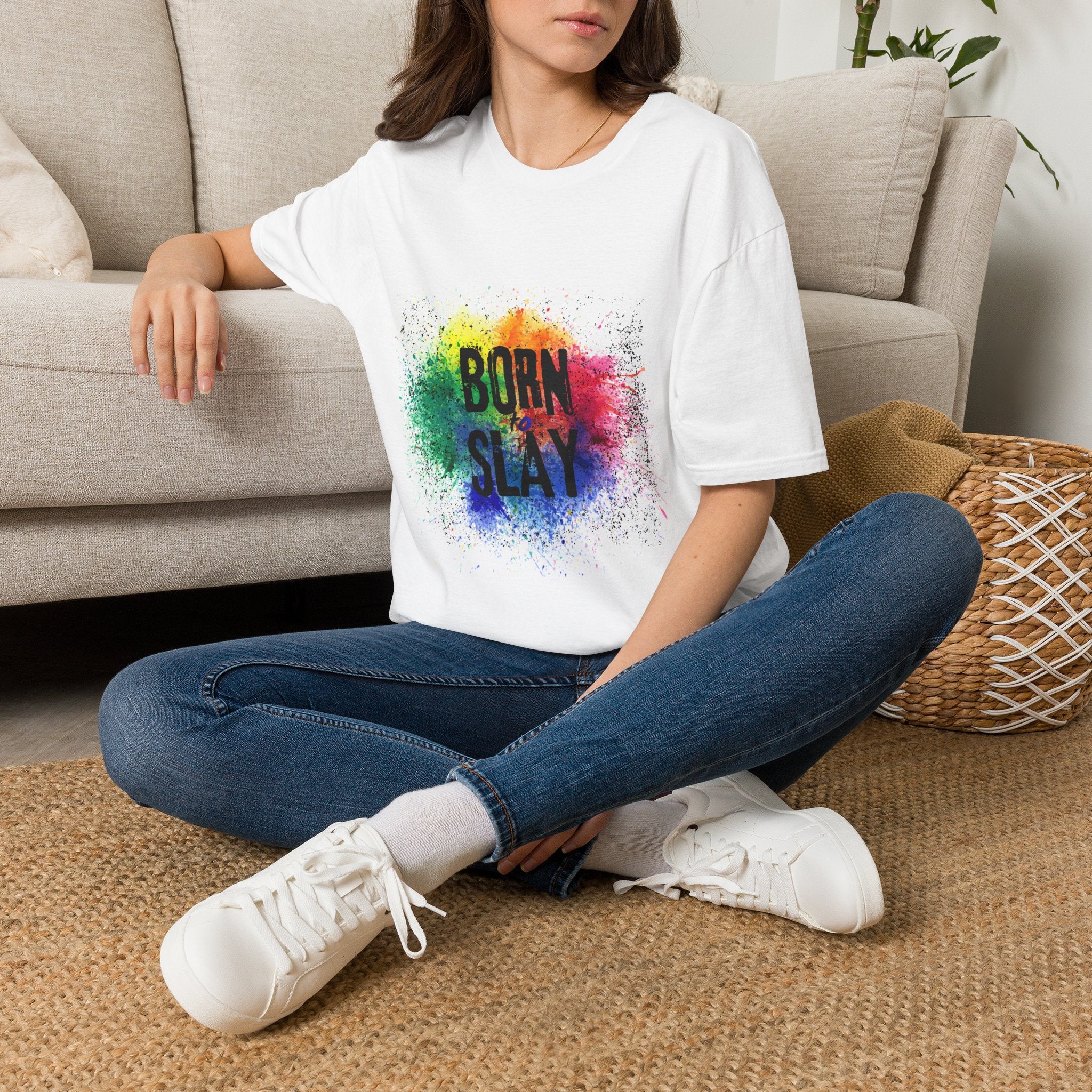Born to Slay rainbow splash T-Shirt | Colorful typographic tee