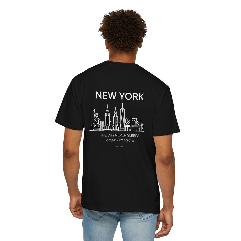 New York Skyline T-Shirt — "The City Never Sleeps" Garment-Dyed Tee