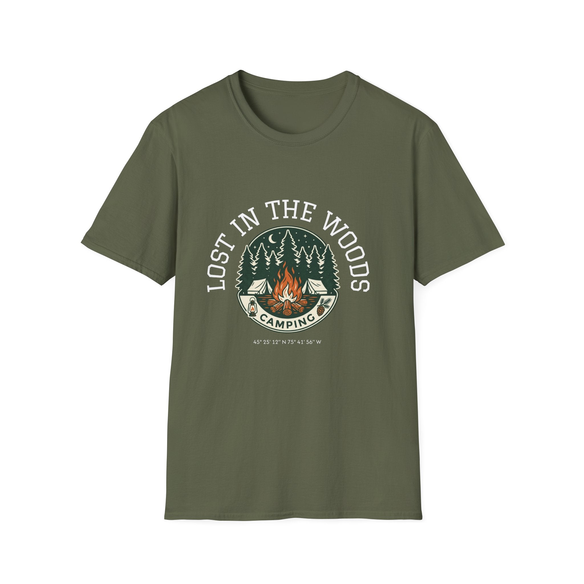 Lost in the Woods Camping T‑Shirt — Retro Campfire Nature Tee