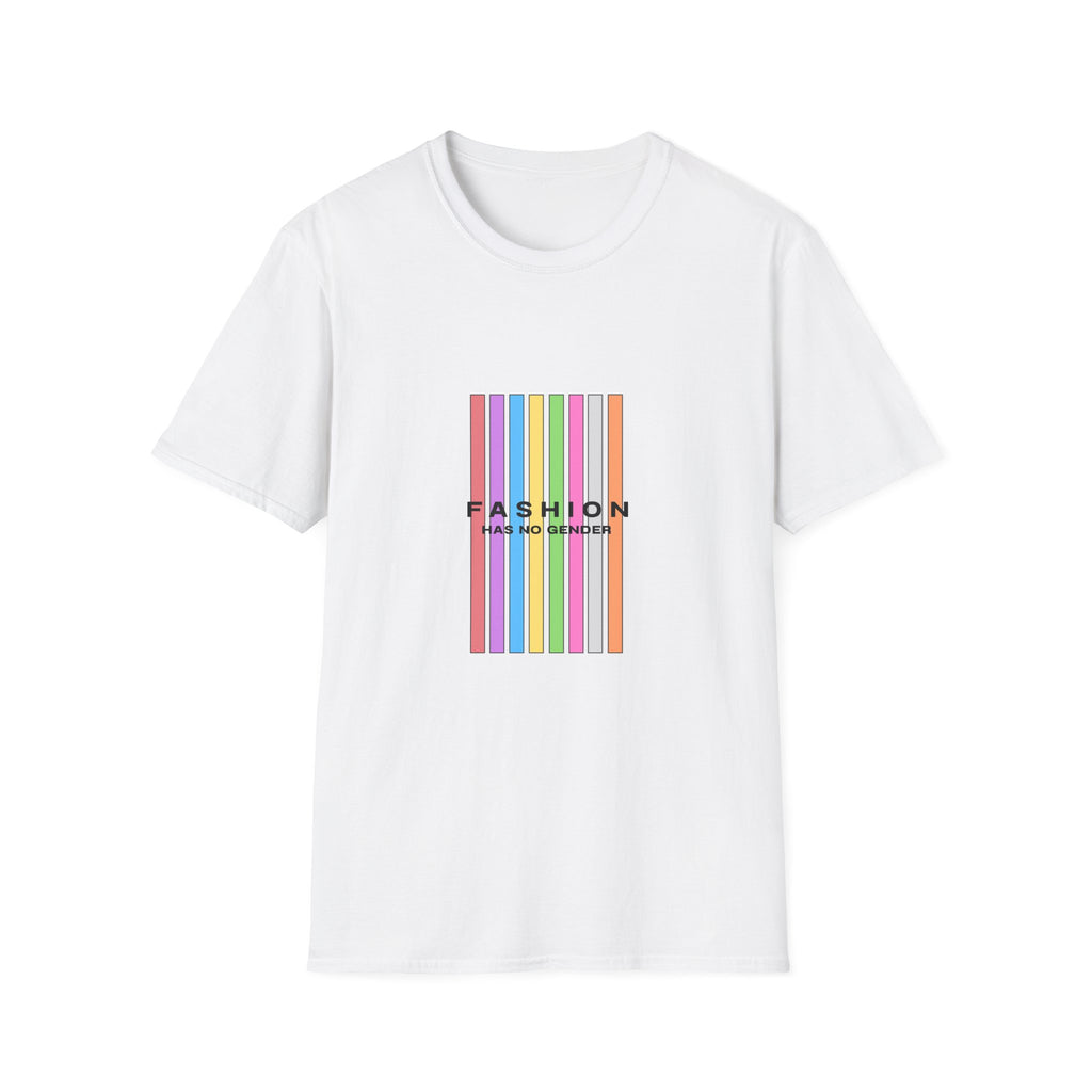 T-Shirt — 'Fashion Has No Gender' Rainbow Stripes Pride Tee