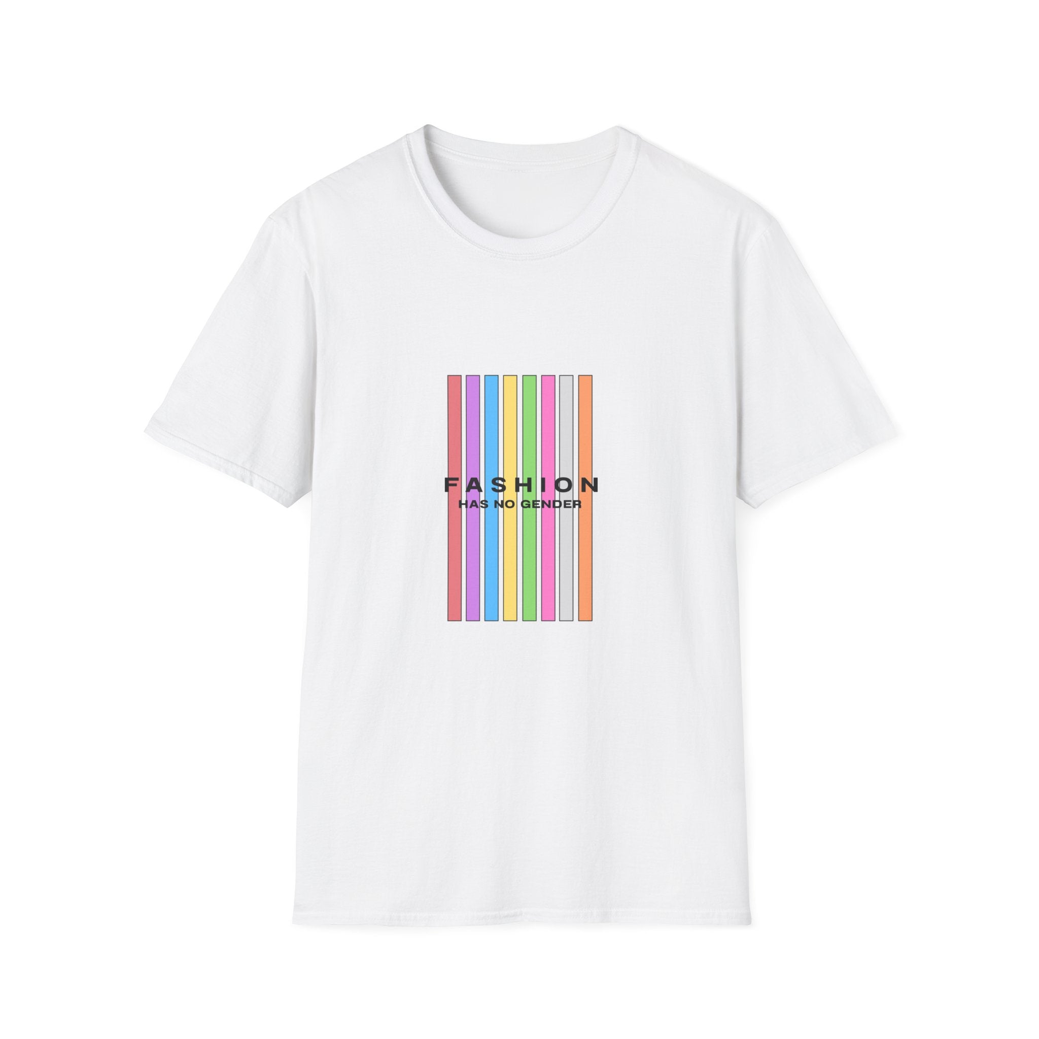 T-Shirt — 'Fashion Has No Gender' Rainbow Stripes Pride Tee
