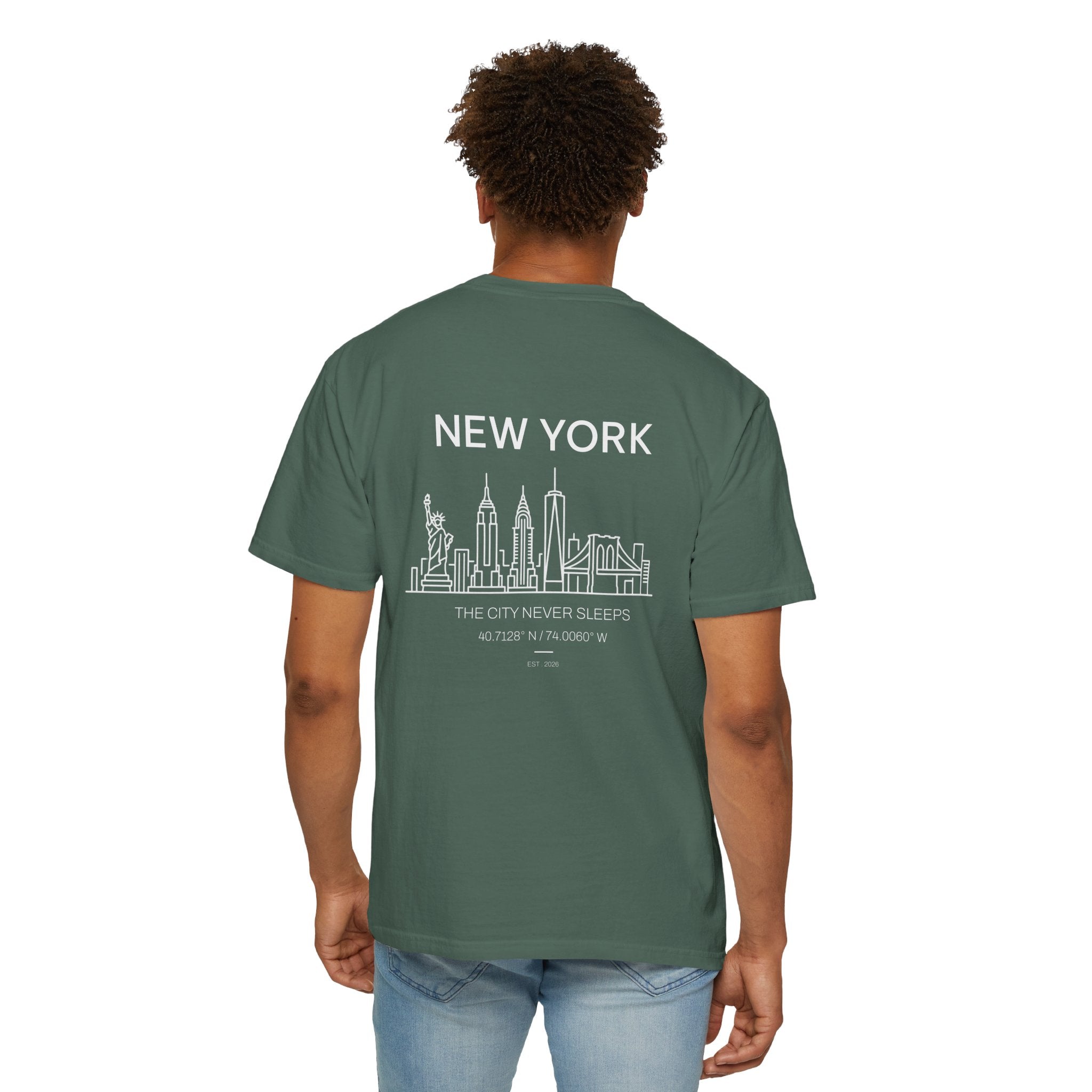 New York Skyline T-Shirt — "The City Never Sleeps" Garment-Dyed Tee