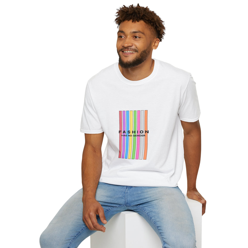 T-Shirt — 'Fashion Has No Gender' Rainbow Stripes Pride Tee