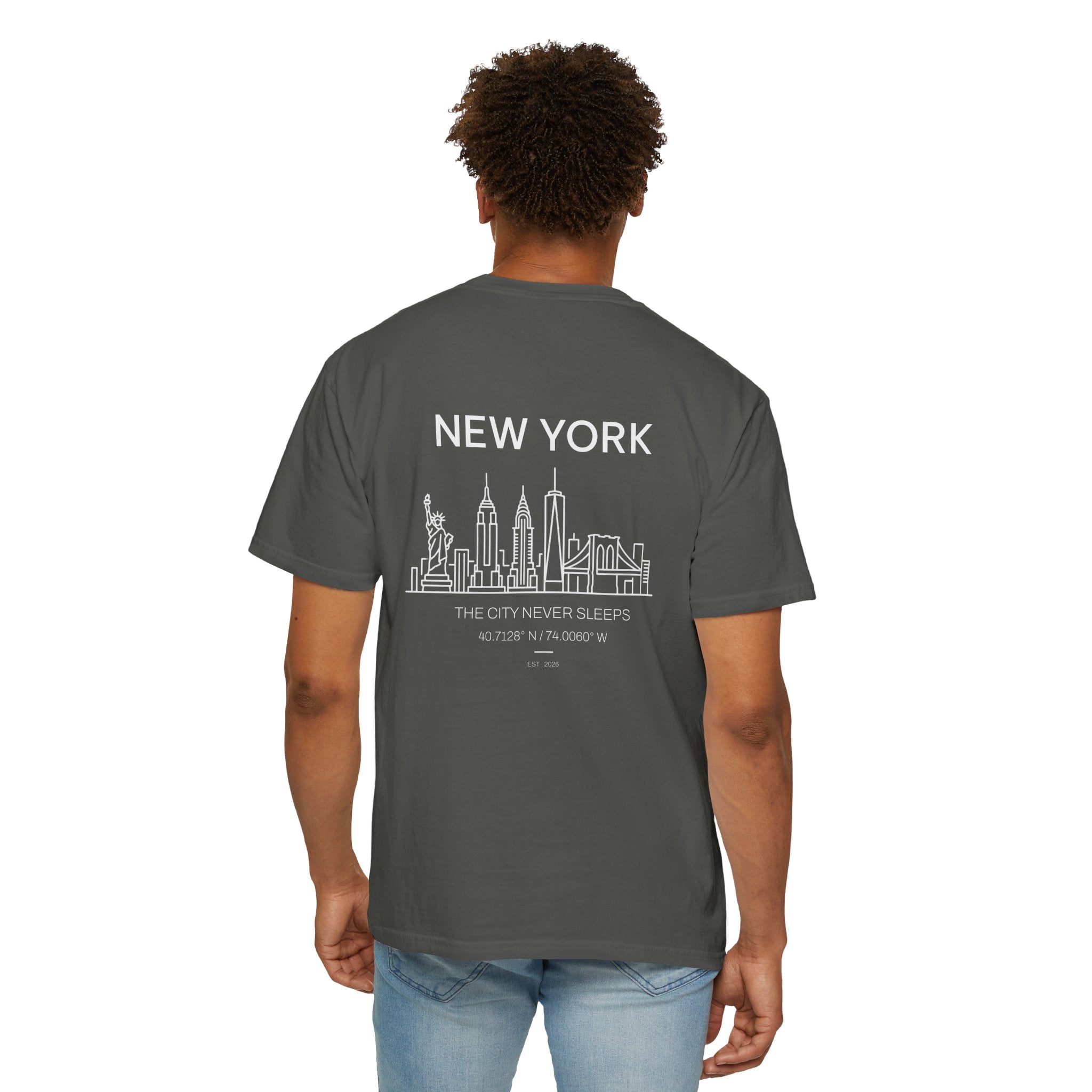 New York Skyline T-Shirt — "The City Never Sleeps" Garment-Dyed Tee